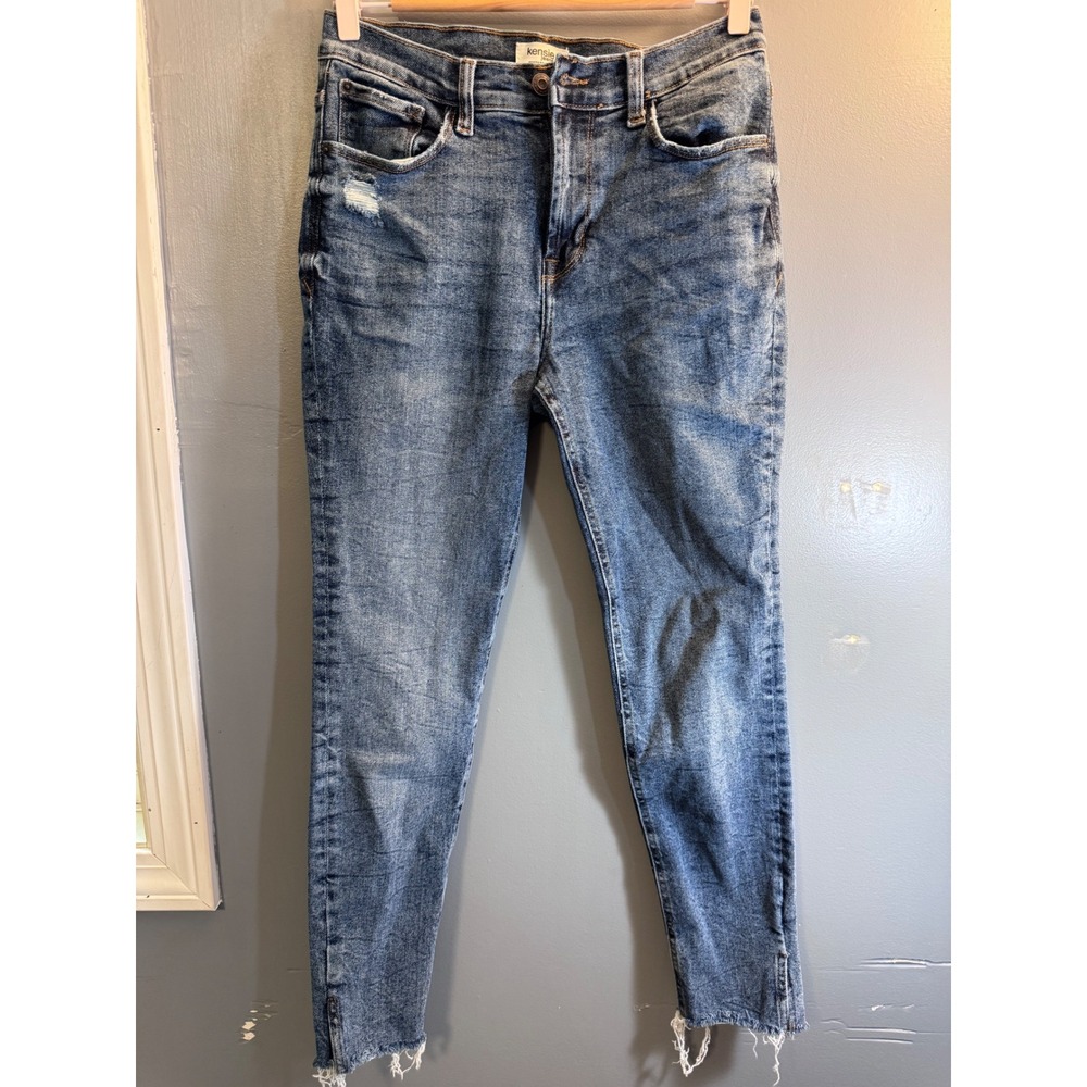 Kensie Jeans The Kelsey High Rise Skinny Blue Distressed Raw Hem Denim Size 8/29